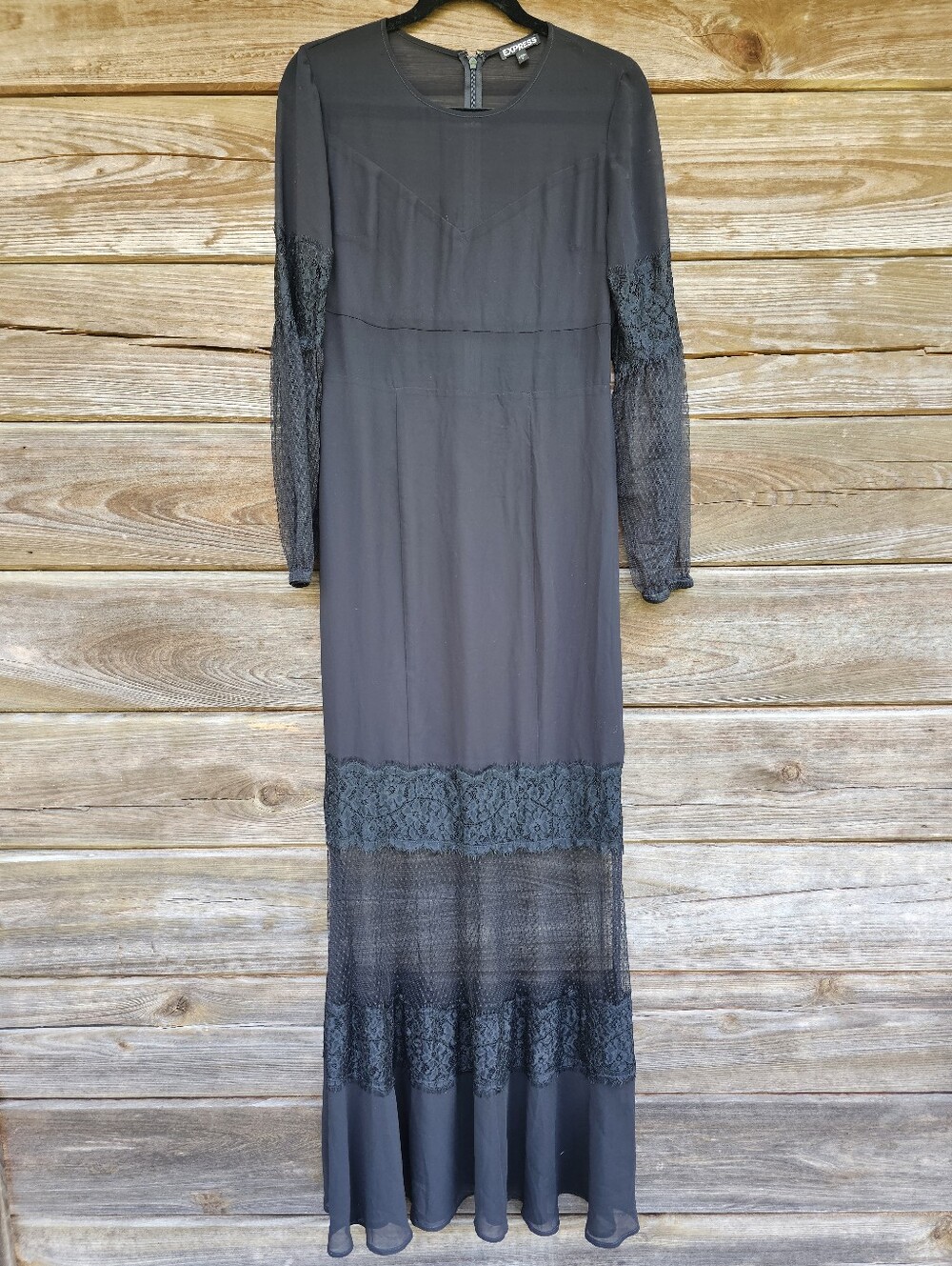 Express Black Lace Sheer Mesh Long Sleeve Maxi Dress Size 8 Gothic